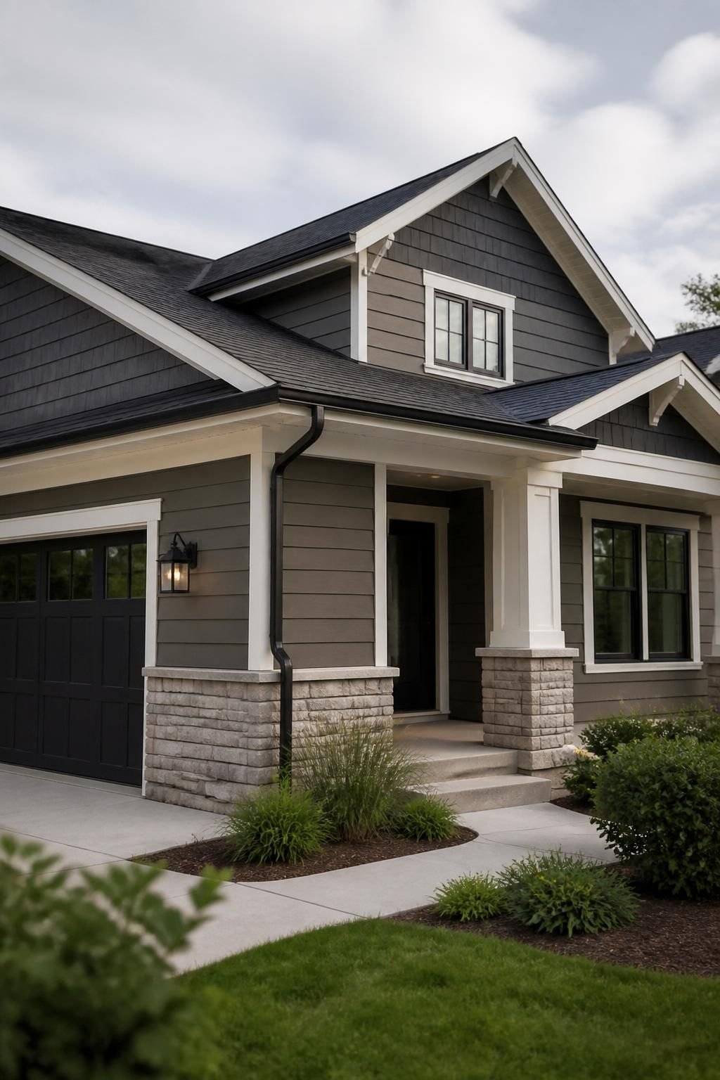 Modern home exterior with a clean newly installed roof and gutters.
