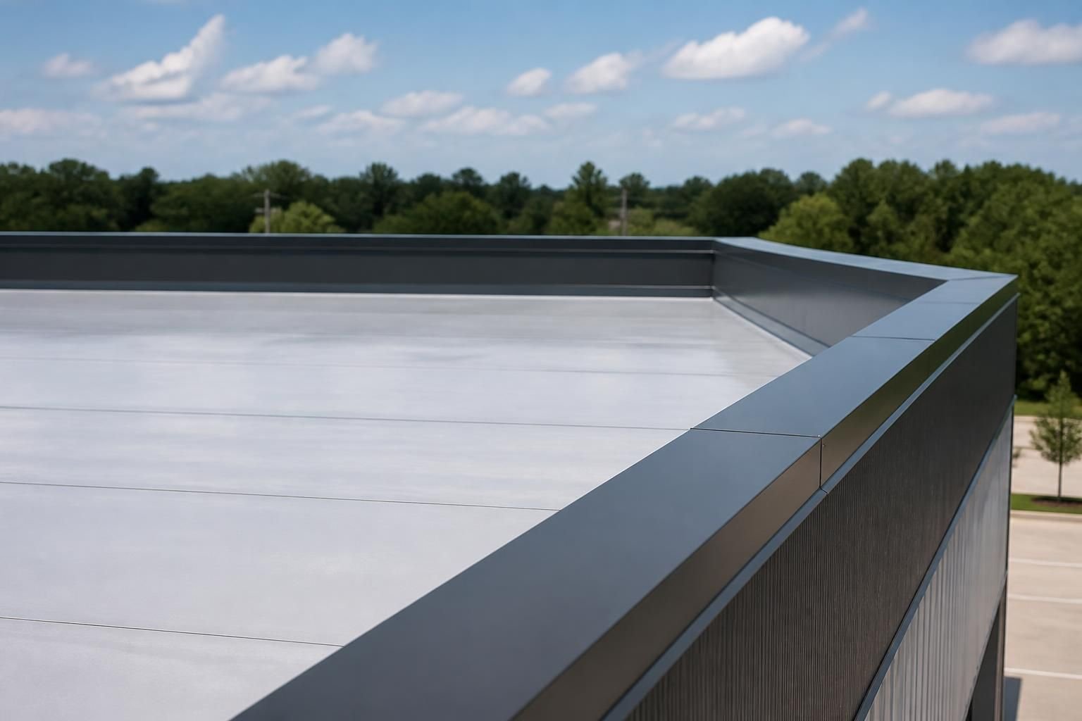 Newly installed commercial roof with crisp lines and detailing.