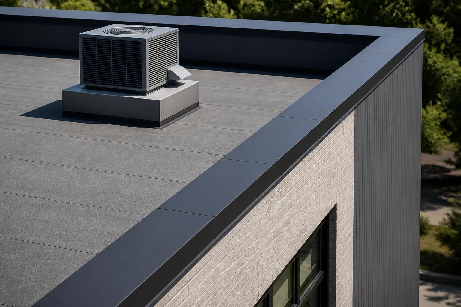 Finished commercial roof on a modern low-rise building.