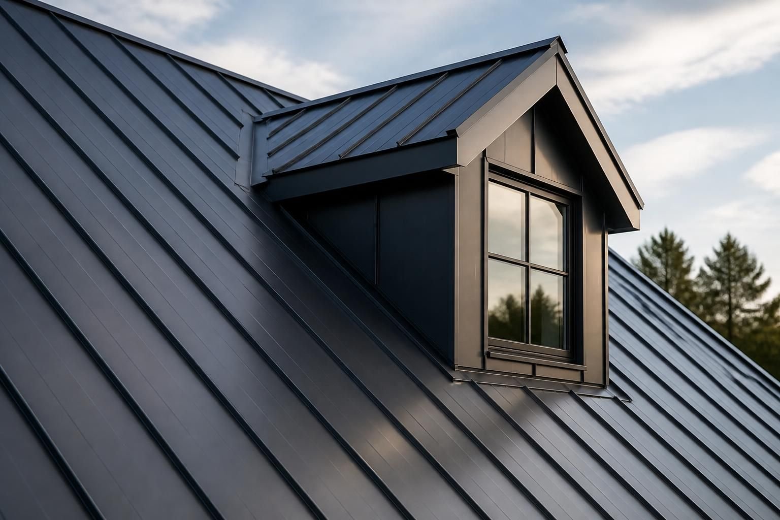 Finished metal roof with clean seams and subtle reflections.