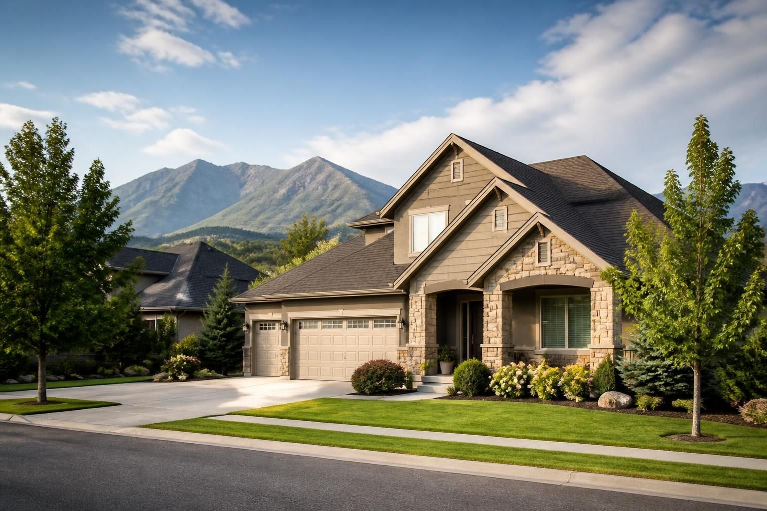 Spacious Pleasant View homes surrounded by trees and well-kept roofs.