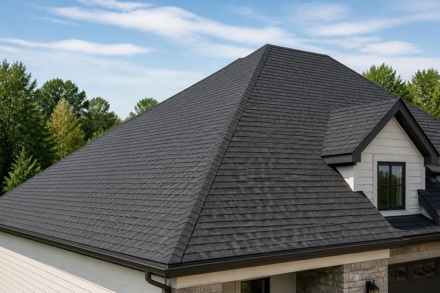 Freshly finished residential roof on a modern home in natural daylight.