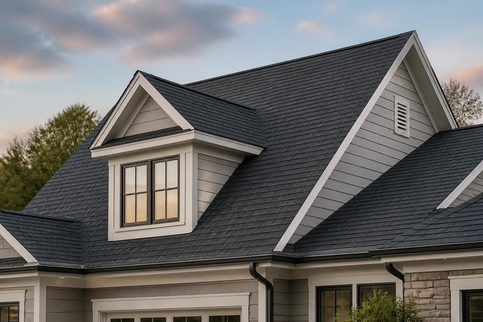 Finished residential roof on a tidy suburban home.