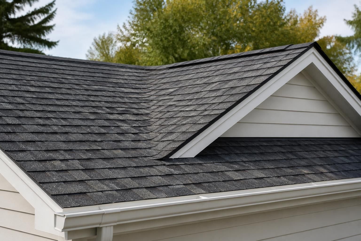 Finished roof repair on a clean residential home exterior.