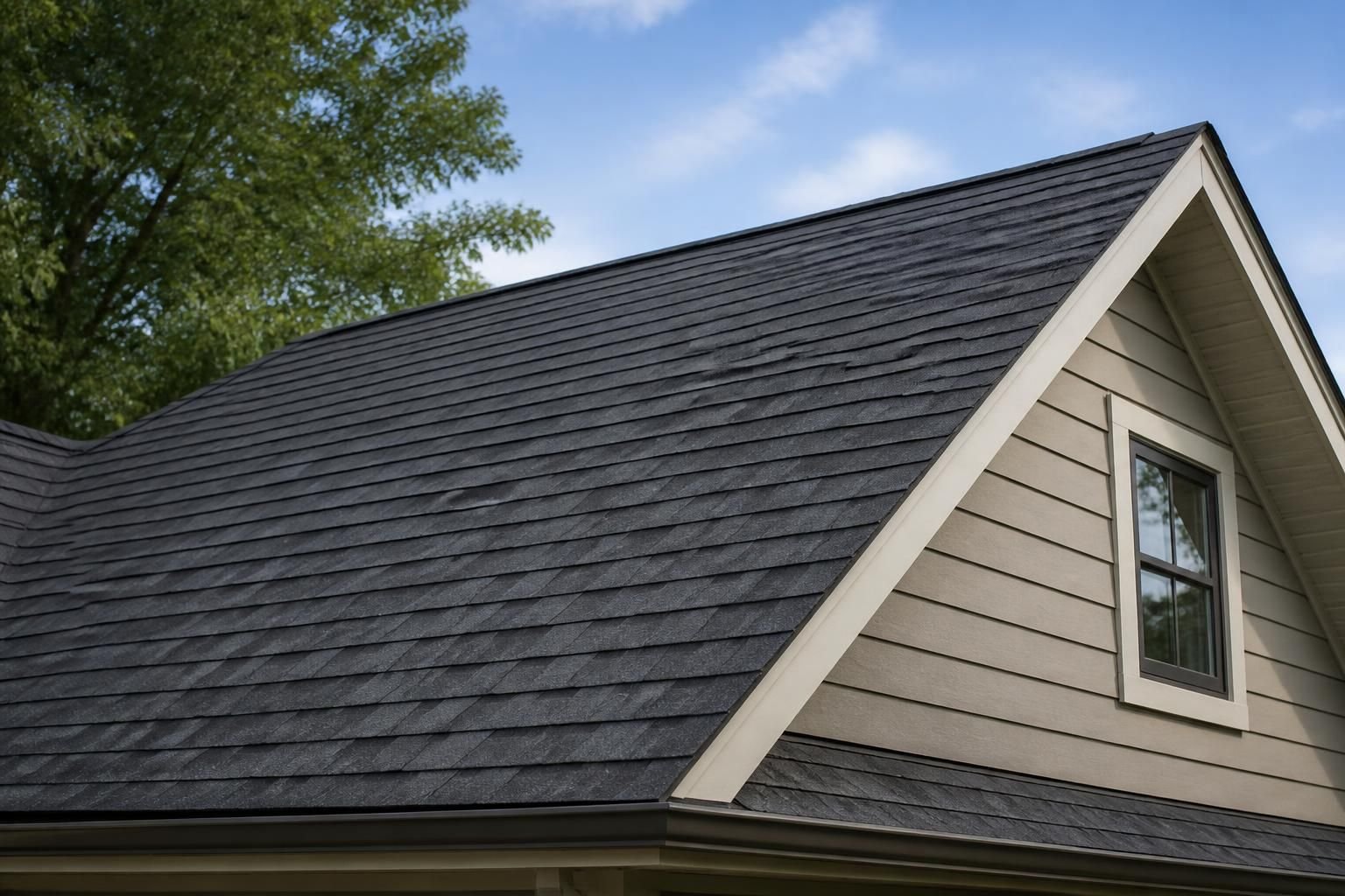 Newly replaced roof with clean shingles and finished edges.